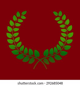 Wreath from two branches with green laurel leaves. Vector illustration on ? red background