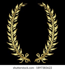 Wreath with two laurel or bay branches. Vintage style. Glossy golden silhouette on white background.