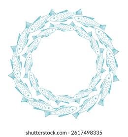Wreath of two rows of blue sea fish on a white background.Vector graphic style in ink.
Marine theme for posters, aquariums, prints, cards, fabric, decoration of restaurants.