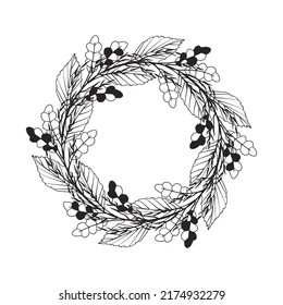 Wreath with various lush foliage. Autumn theme. Branches, abstract leaves of willow, oak, birch. Black and white drawing. Frame, decorative festive border, invitation blank, congratulations. Vector