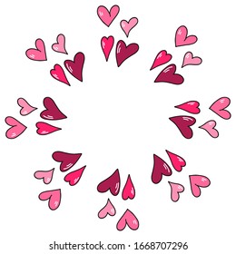 Wreath of various pink hearts isolated on white background. Valentine's Day concept. Simple vector element for cards, invitation, wedding design, packaging, scrapbook.