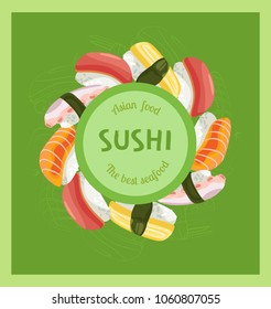 Wreath from various sushi under two circles of green tones with inscriptions