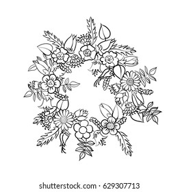 Wreath of vector black&white flowers