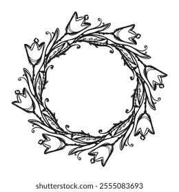 Wreath - vector decorative tulips and hearts, black and white doodle.