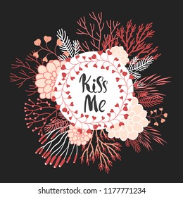 Wreath. Vector fall illustration with branches, berries and leaves. Floral frame on black. Autumn mood. Kiss me.