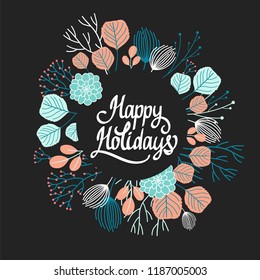 Wreath. Vector fall illustration with branches, berries and leaves. Floral frame on black. Autumn mood. Happy Holidays.