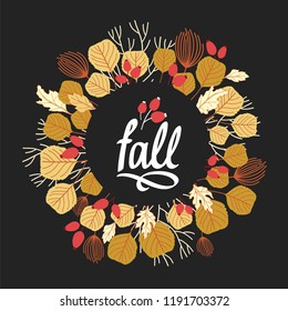 Wreath. Vector fall illustration with branches, berries and leaves. Floral frame on black. Autumn mood. 