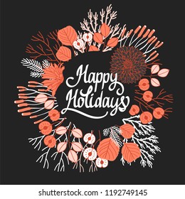 Wreath. Vector fall illustration with branches, berries and leaves. Floral frame on black. Autumn mood. 