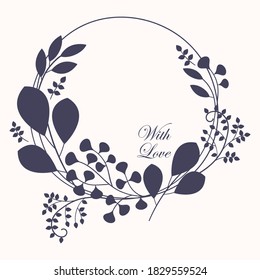 Wreath. Vector floral illustration with branches, berries and leaves. Black frame on white background.