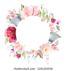 A wreath with vector flowers on a white background in watercolor style. Vintage handmade illustration.