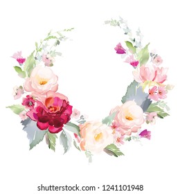 A wreath with vector flowers on a white background in watercolor style. Vintage handmade illustration.