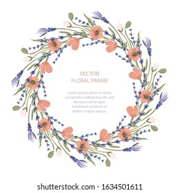 Wreath vector frame floral card greeting template in a flat style. Circle wedding or birthday romantic background with poppy and lavender wild flowers.