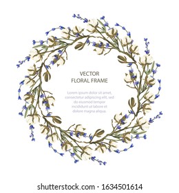 Wreath vector frame floral card greeting template in a flat style. Circle wedding or birthday romantic background with lavender and cotton flowers.