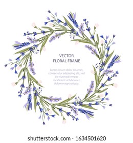 Wreath vector frame floral card greeting template in a flat style. Circle wedding or birthday romantic background with lavender flowers.