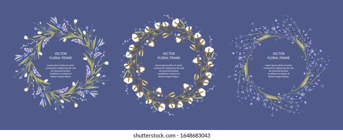 Juego de tarjetas florales de marco vectorial de flor. Recopilación de plantillas de saludo en un estilo plano. Boda en círculo o fondo romántico de cumpleaños con algodón y lavanda.