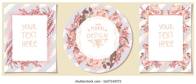 Wreath vector frame floral rose greeting card template, for wedding or birthday romantic background with flowers