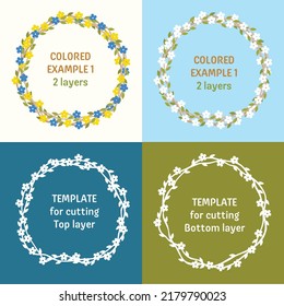 Wreath vector hand drawn template for plotter laser cutting of paper, cardboard, plywood, wood carving. Two layers wreath - flowers and leafs. Layers are isolated, editable. 2 color versions included.