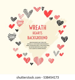 Wreath of vector hand-drawn hearts. For postcards on Valentine day in cartoon style