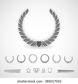 Wreath vector icon set .Laurel wreaths symbol of victory, glory and success. 3d vector illustration. Design element. Top places. Gold, silver, bronze laurel wreath. Vector brush set.