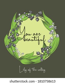 Wreath vector illustration. Lily of the valley vector illustration design. Vector hand-drawn flower.
