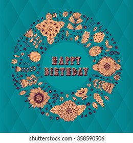 Wreath vector illustration made of flowers and herbs. Vector decorative circle frame. Spring elements. Floral doodles wreath.  Invitation or greeting card design.