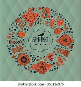 Wreath vector illustration made of flowers and herbs. Vector decorative circle frame. Spring elements. Floral doodles wreath.  Invitation or greeting card design.