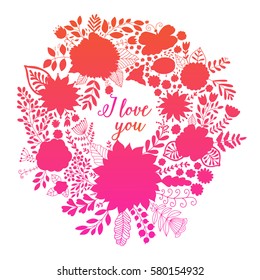 Wreath vector illustration made of flowers and herbs. Vector decorative circle frame. Spring elements. Floral doodles wreath. Invitation or greeting card design.