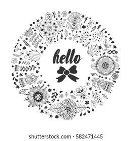 Wreath vector illustration made of flowers and herbs. Vector decorative circle frame. Spring elements. Floral doodles wreath.  Invitation or greeting card design.
