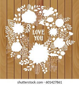 Wreath vector illustration made of flowers and herbs. Vector decorative circle frame. Spring elements. Floral doodles wreath. Invitation or greeting card design.