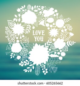 Wreath vector illustration made of flowers and herbs. Vector decorative circle frame. Spring elements. Floral doodles wreath. Invitation or greeting card design.