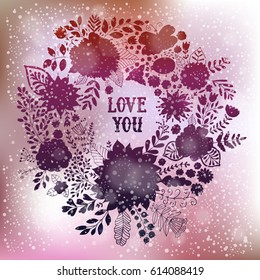 Wreath vector illustration made of flowers and herbs on unfocused bokeh backdrop.. Purple vector decorative circle frame.  Invitation or greeting card design.