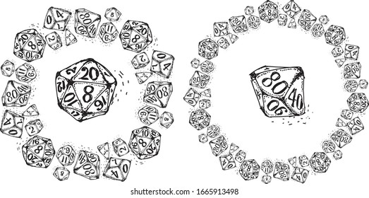 Wreath, Vector isolated doodle dices frame, monochrome circle, hand drawn style