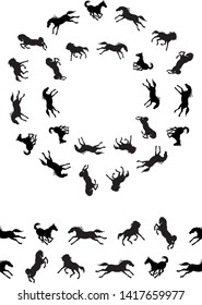 a wreath of vector isolated silhouettes of black horses galloping on a white background