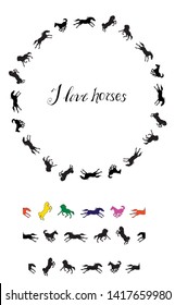 a wreath of vector isolated silhouettes of black horses galloping on a white background and lettering