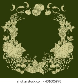 Wreath of vector Italian cuisine elements. Hand drawn silhouette on green background. 