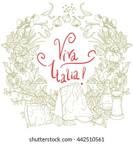 wreath of vector italian cuisine elements. Hand drawn silhouette on green background. includes words Viva Italia. Vegetables and herbs, olives, tomatoes, garlic. Detailed, for restaurant menu or cards