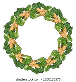 A wreath of vegetables, carrots, broccoli, spinach and peas arranged in a round frame, vector illustration for designn and creativity