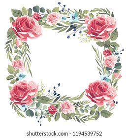 Wreath of vintage pink roses on a white background. Vector illustration