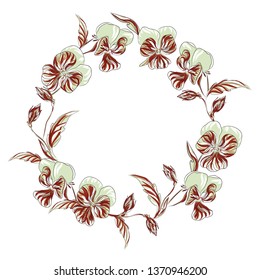 A wreath of violets. Natural frame isolated on white background. Art vector illustration.
