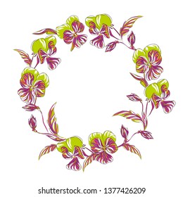 A wreath of violets. Natural frame isolated on white background. Art vector illustration.
