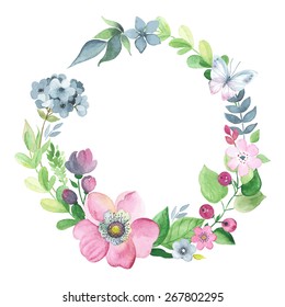 Wreath of watercolor floral elements with butterfly.