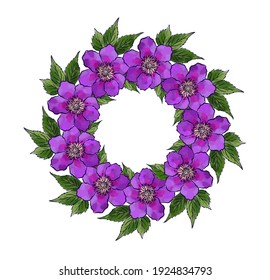 Wreath of watercolor flowers hand painted. Round frame for invitation ,wedding, birthday card, vector illustration isolated. 