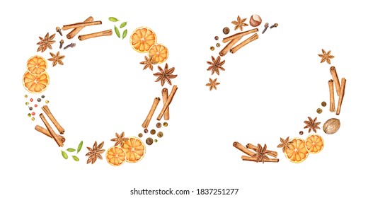 Wreath with watercolor mulled wine ingredients – cinnamon sticks, orange, anise star for autumn and Christmas decoration.