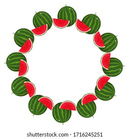 Wreath from watermelon with space for text. Cartoon organic sweet food. Summer fruits for healthy lifestyle. Vector illustration for any design.