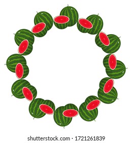 Wreath from watermelon with space for text. Cartoon organic sweet food. Summer fruits for healthy lifestyle. Vector illustration for any design.