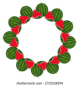 Wreath from watermelon with space for text. Cartoon organic sweet food. Summer fruits for healthy lifestyle. Vector illustration for any design.