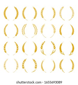 Wreath wheats ears icons and rice seed logo design elements for harvest, organic fresh food corn farm, bakery themed agriculture design, grain element, wheat simple pattern. Vector illustration