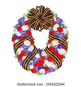 A wreath of white, blue and red flowers. Composition with carnations and irises. Vector element for the Victory Day celebration on May 9. A wreath in the colors of the Russian flag with a St. George