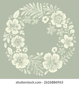 Una corona de flores con dibujos blancos se coloca elegantemente sobre un fondo verde. La corona está decorada con varias flores y hojas, lo que refleja la forma fluida y orgánica de la naturaleza
