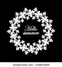 Wreath of white flowers on black backgraund for your design. Isolated on white background. Can be used as design of books, websites, accessories for phones and tablet. t-shirt print.